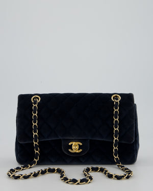 Chanel Navy Blue Medium Classic Double Flap Bag in Velvet with Gold Hardware