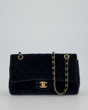 Chanel Navy Blue Medium Classic Double Flap Bag in Velvet with Gold Hardware