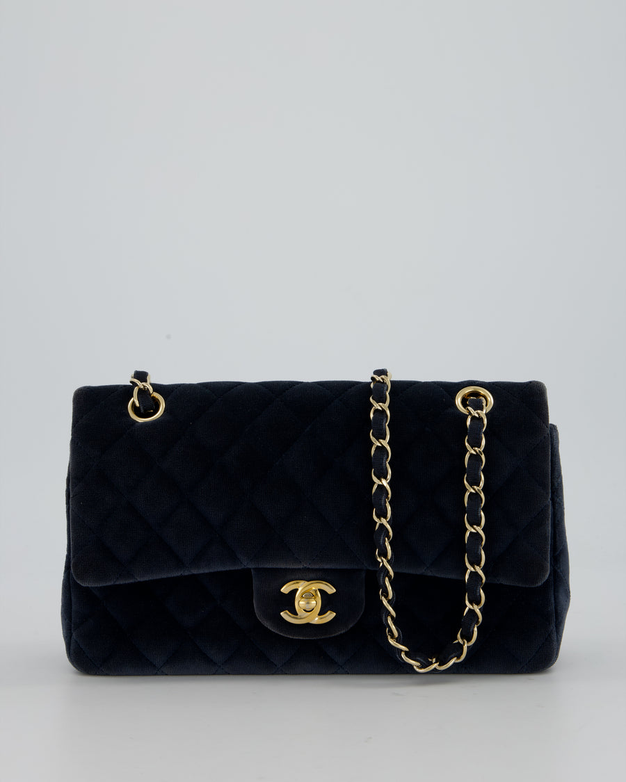 Chanel Navy Blue Medium Classic Double Flap Bag in Velvet with Gold Hardware