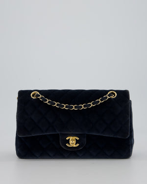 Chanel Navy Blue Medium Classic Double Flap Bag in Velvet with Gold Hardware