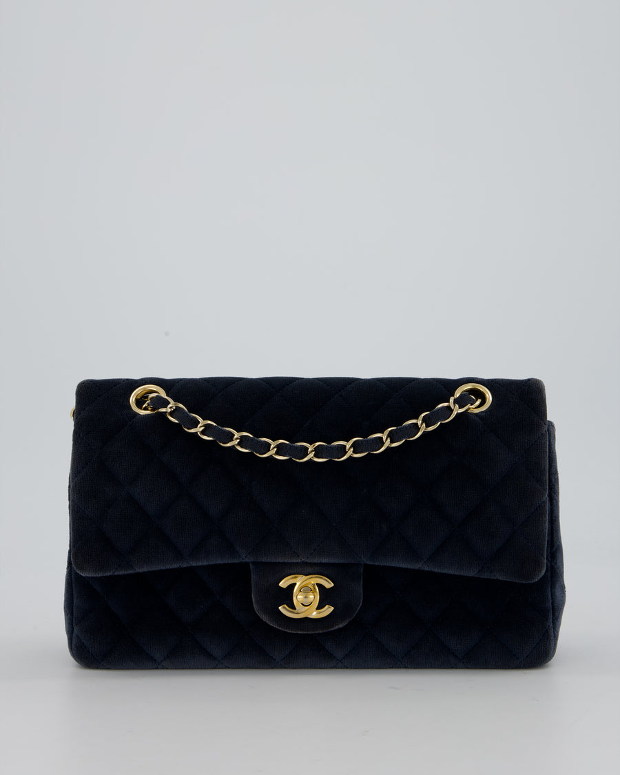 Chanel Navy Blue Medium Classic Double Flap Bag in Velvet with Gold Hardware