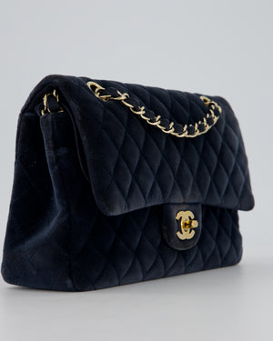 Chanel Navy Blue Medium Classic Double Flap Bag in Velvet with Gold Hardware