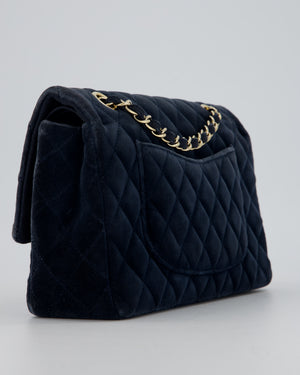 Chanel Navy Blue Medium Classic Double Flap Bag in Velvet with Gold Hardware