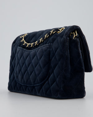 Chanel Navy Blue Medium Classic Double Flap Bag in Velvet with Gold Hardware