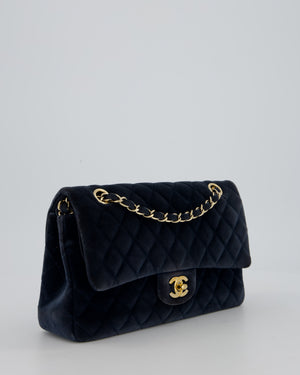 Chanel Navy Blue Medium Classic Double Flap Bag in Velvet with Gold Hardware