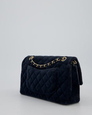 Chanel Navy Blue Medium Classic Double Flap Bag in Velvet with Gold Hardware