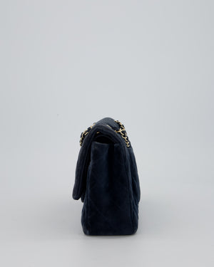 Chanel Navy Blue Medium Classic Double Flap Bag in Velvet with Gold Hardware
