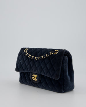 Chanel Navy Blue Medium Classic Double Flap Bag in Velvet with Gold Hardware