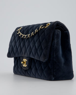 Chanel Navy Blue Medium Classic Double Flap Bag in Velvet with Gold Hardware