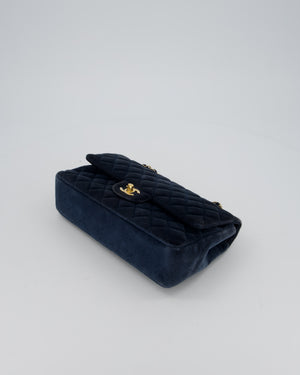 Chanel Navy Blue Medium Classic Double Flap Bag in Velvet with Gold Hardware