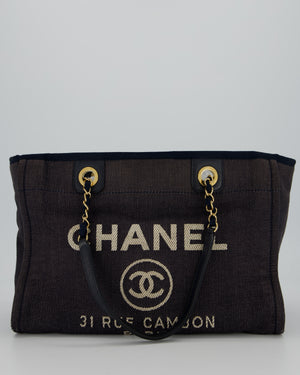 Chanel Navy Small Deauville Tote Bag in Denim Cloth with Gold Hardware