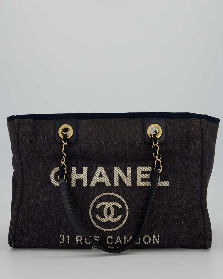 Chanel Navy Small Deauville Tote Bag in Denim Cloth with Gold Hardware