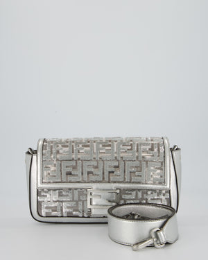 Fendi x Nicki Minaj Metallic Silver Baguette Medium Shoulder Bag in PVC and Leather with Silver Sequin Zucca Print and Silver Hardware
