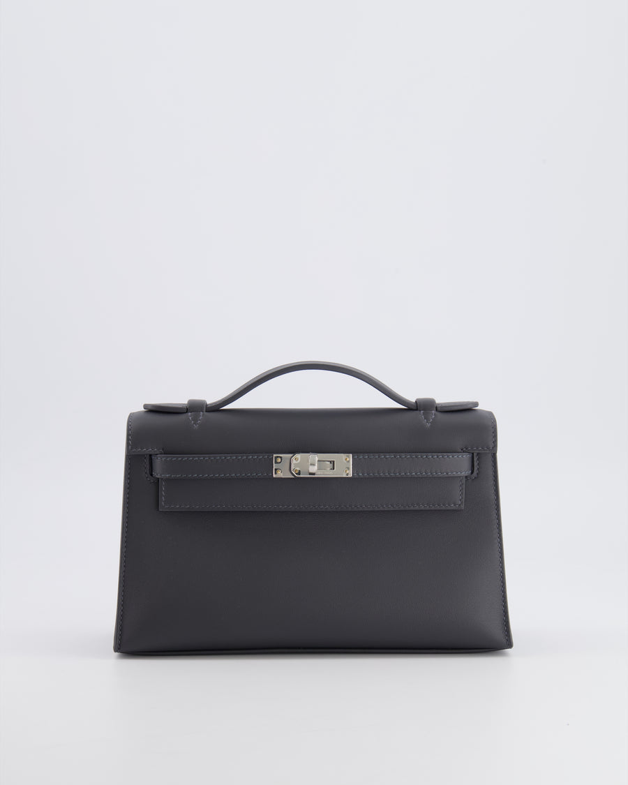 Hermès Kelly Pochette Bag in Ardoise Swift Leather with Palladium Hardware