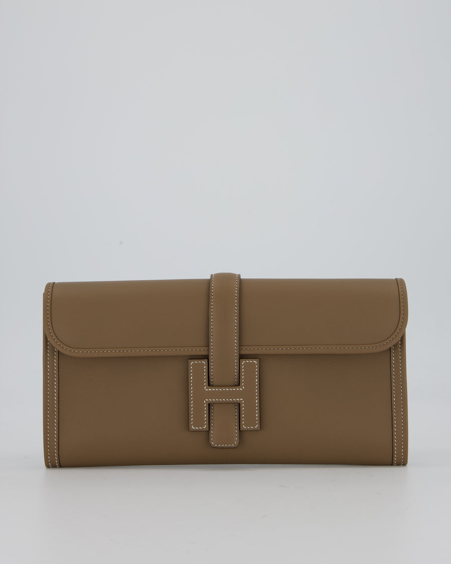 Hermès Jige Elan 29cm Clutch Bag in Etoupe Swift Leather
