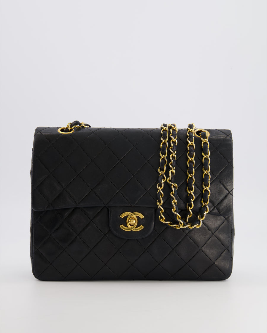 Chanel Vintage Square Medium Classic Double Flap Bag in Black Lambskin Leather with 24K Gold Hardware