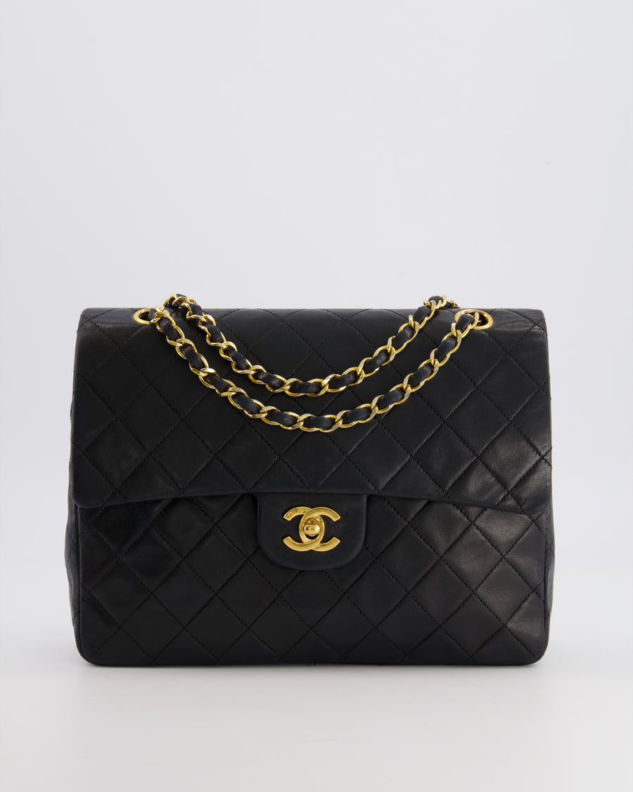 Chanel Vintage Square Medium Classic Double Flap Bag in Black Lambskin Leather with 24K Gold Hardware