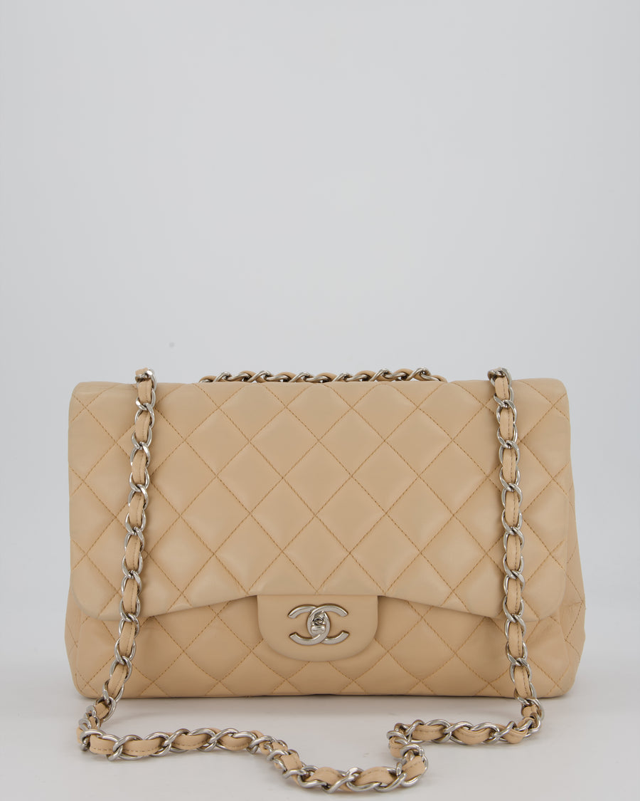 Chanel Beige Jumbo Classic Single Flap Bag in Lambskin Leather with Silver Hardware