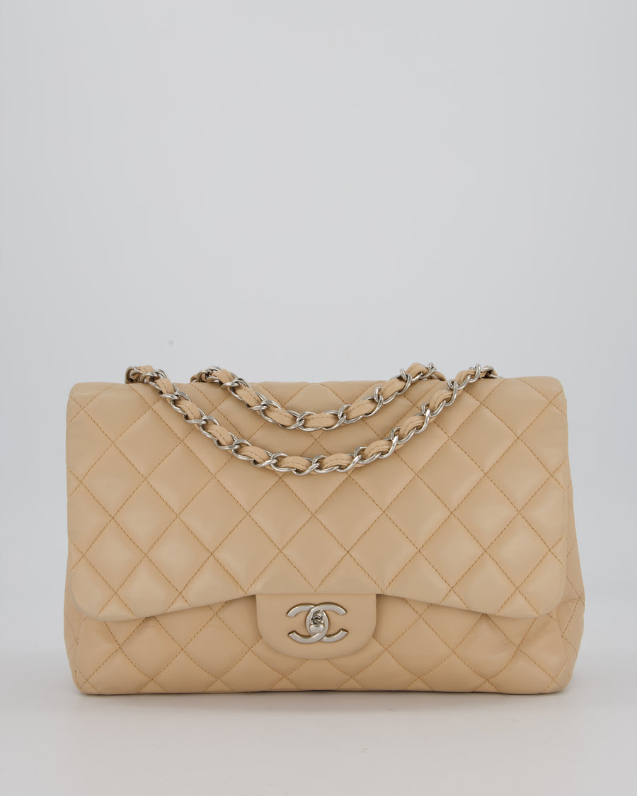 Chanel Beige Jumbo Classic Single Flap Bag in Lambskin Leather with Silver Hardware