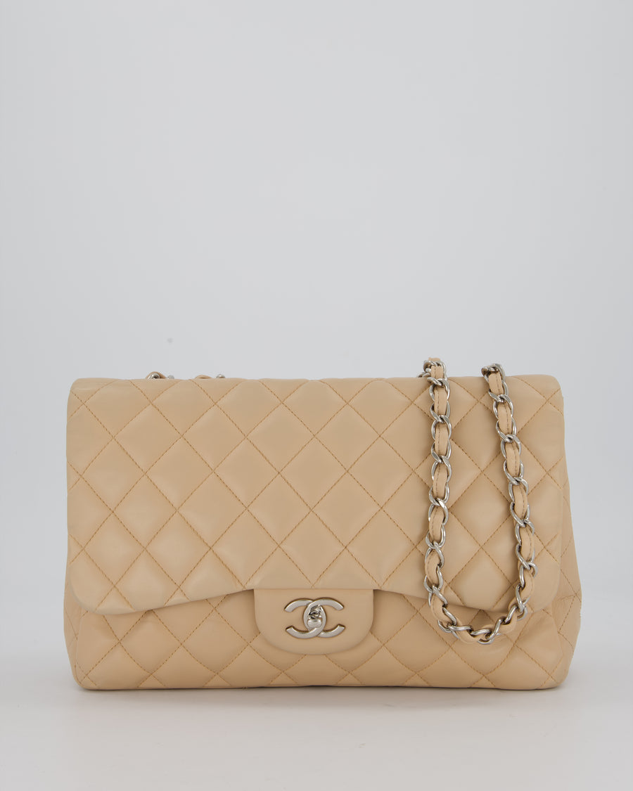 Chanel Beige Jumbo Classic Single Flap Bag in Lambskin Leather with Silver Hardware