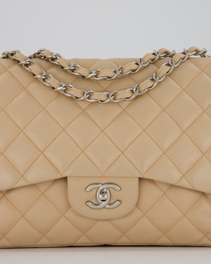 Chanel Beige Jumbo Classic Single Flap Bag in Lambskin Leather with Silver Hardware