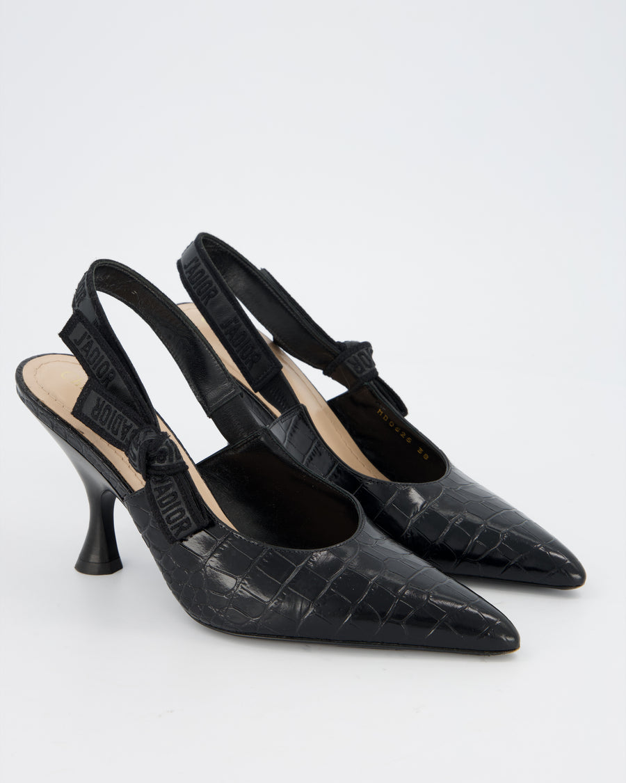 Christian Dior Black Croc Embossed Leather J'Adore Slingback Heels Size EU 38