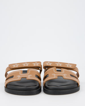 Hermès Chypre Sandals in Gold Calfskin with Star Embroidery Size EU 38
