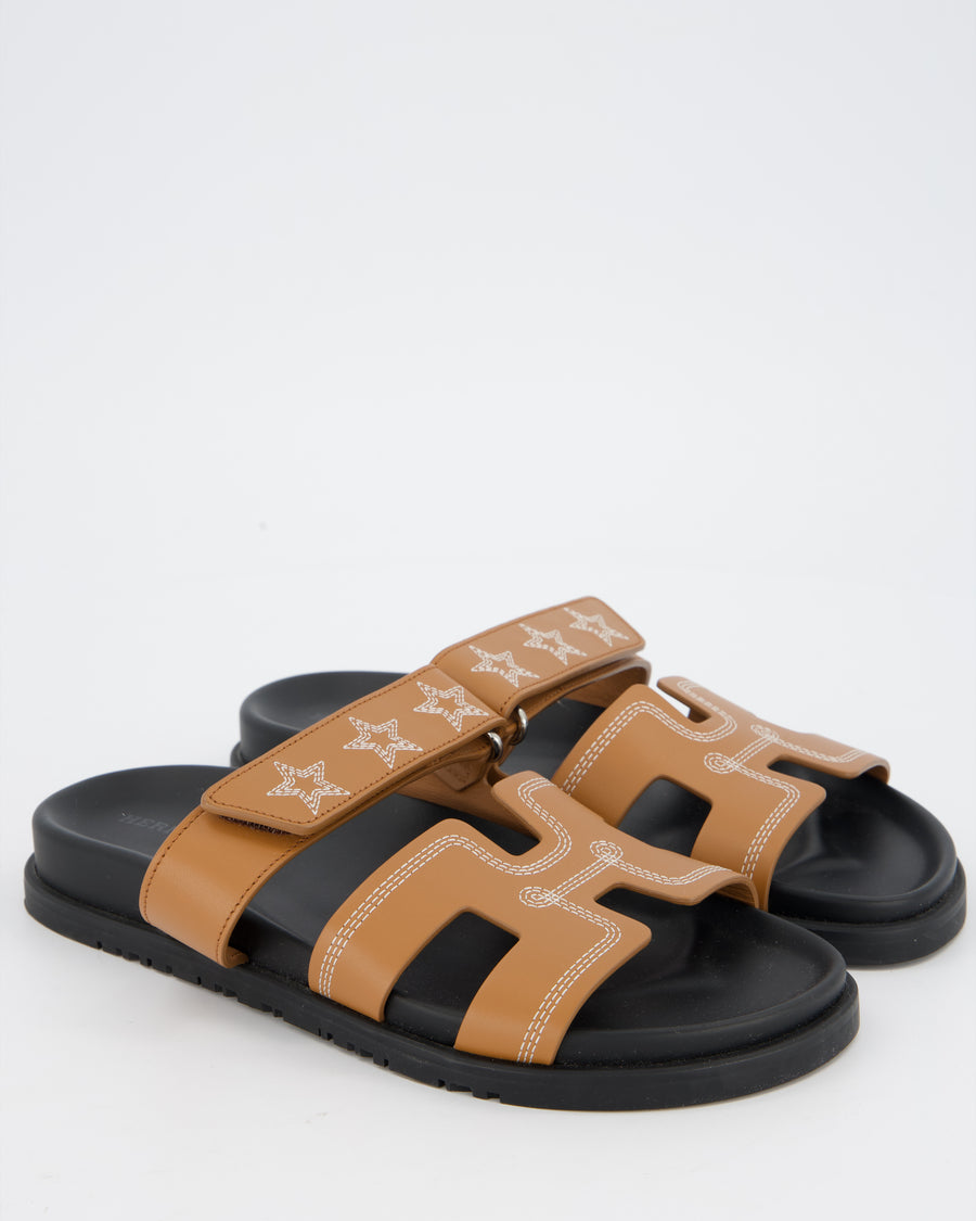 Hermès Chypre Sandals in Gold Calfskin with Star Embroidery Size EU 38