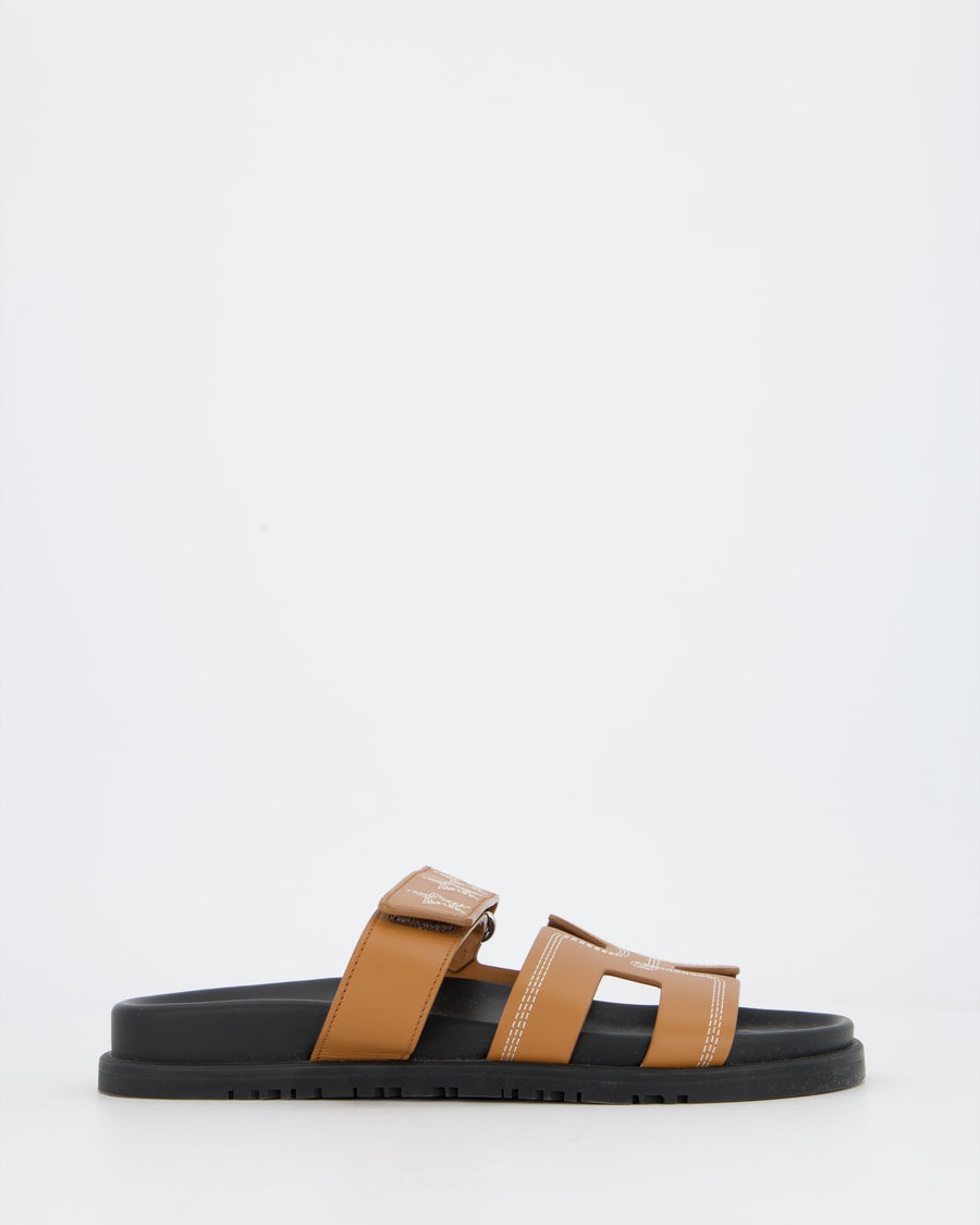 Hermès Chypre Sandals in Gold Calfskin with Star Embroidery Size EU 38