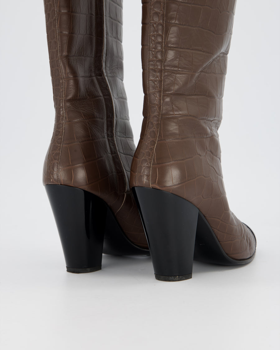 Chanel Brown Croc Embossed Leather Boots with Patent Detail Size EU 39