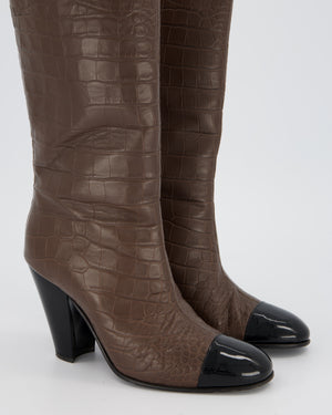 Chanel Brown Croc Embossed Leather Boots with Patent Detail Size EU 39
