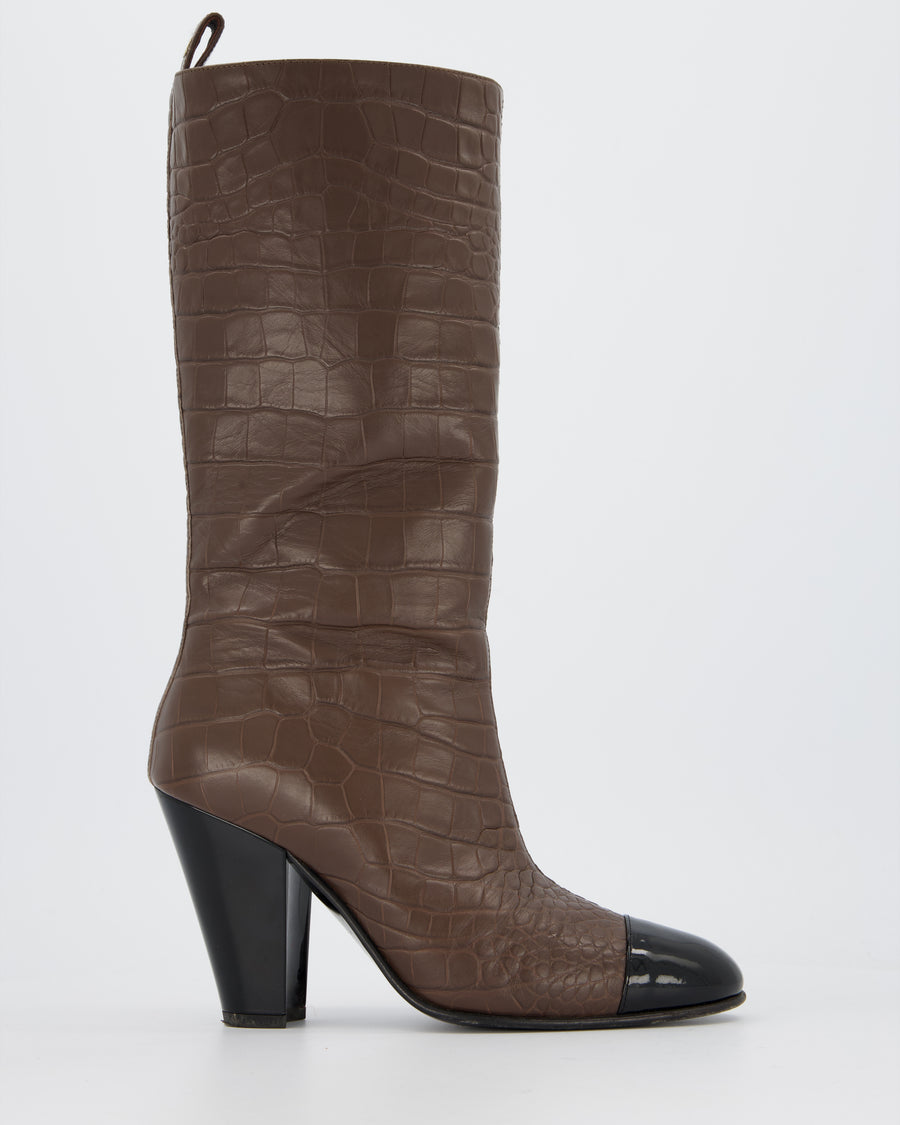 Chanel Brown Croc Embossed Leather Boots with Patent Detail Size EU 39