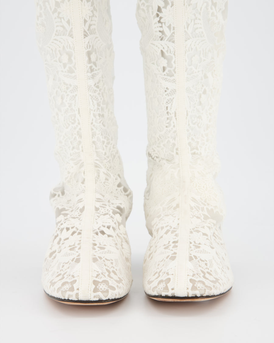 Christian Dior White Lace Knee High Logo Boots Size EU 38