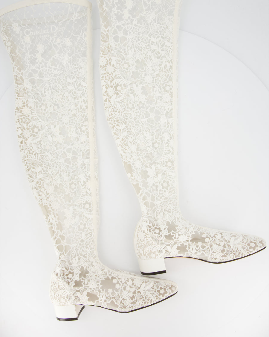 Christian Dior White Lace Knee High Logo Boots Size EU 38