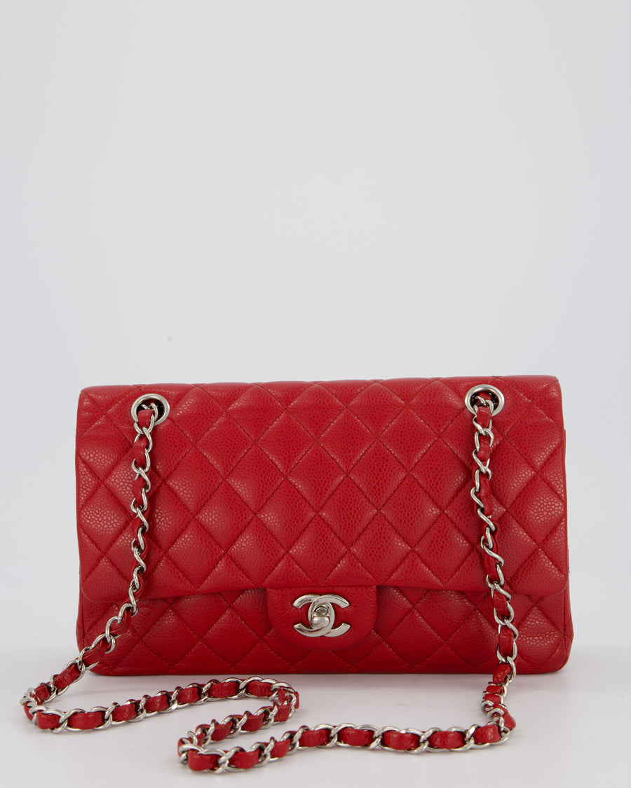 Chanel Red Classic Medium Double Flap Bag in Caviar Leather with Silver Hardware