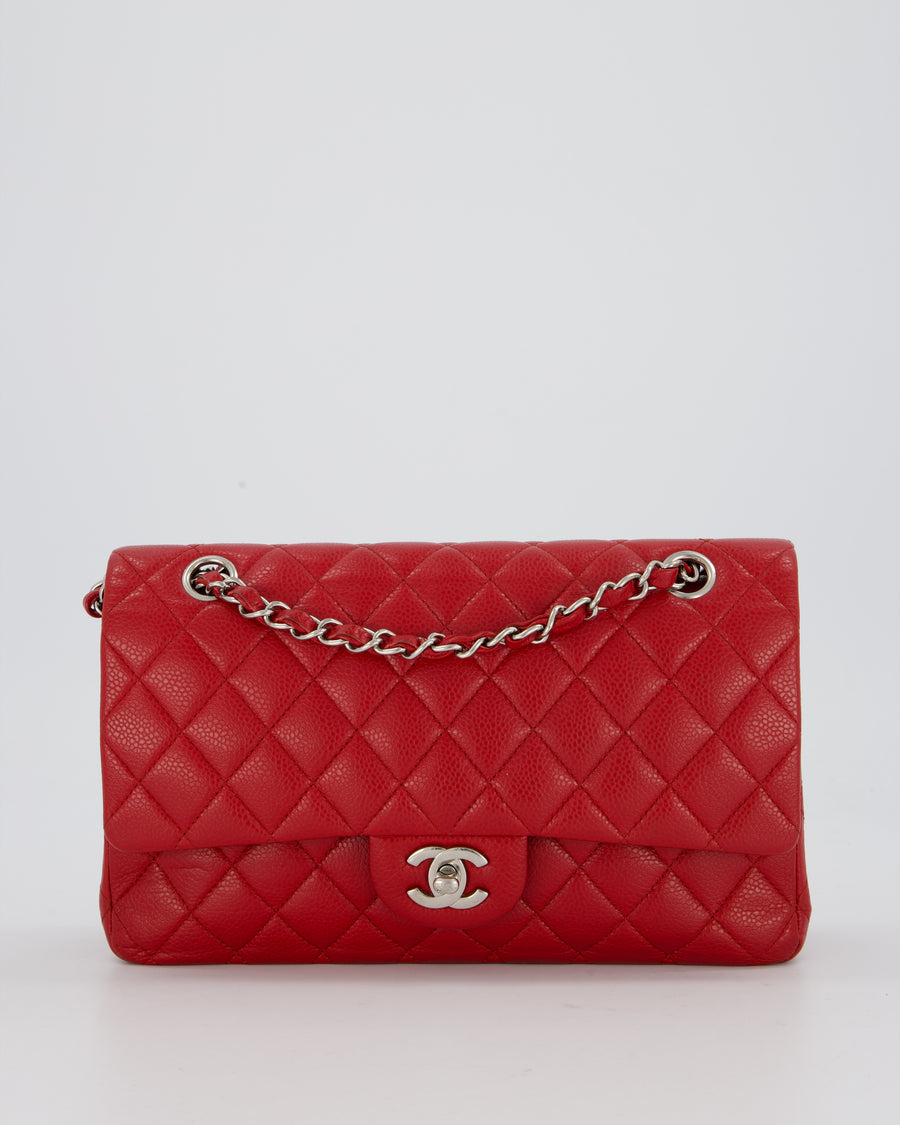 Chanel Red Classic Medium Double Flap Bag in Caviar Leather with Silver Hardware