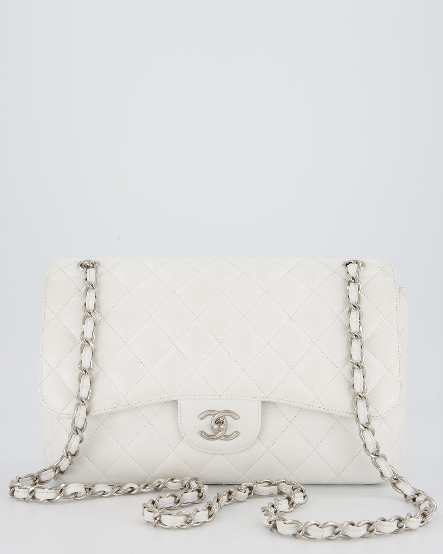 Chanel Jumbo Classic Double Flap Bag in White Caviar Leather with Silver Hardware