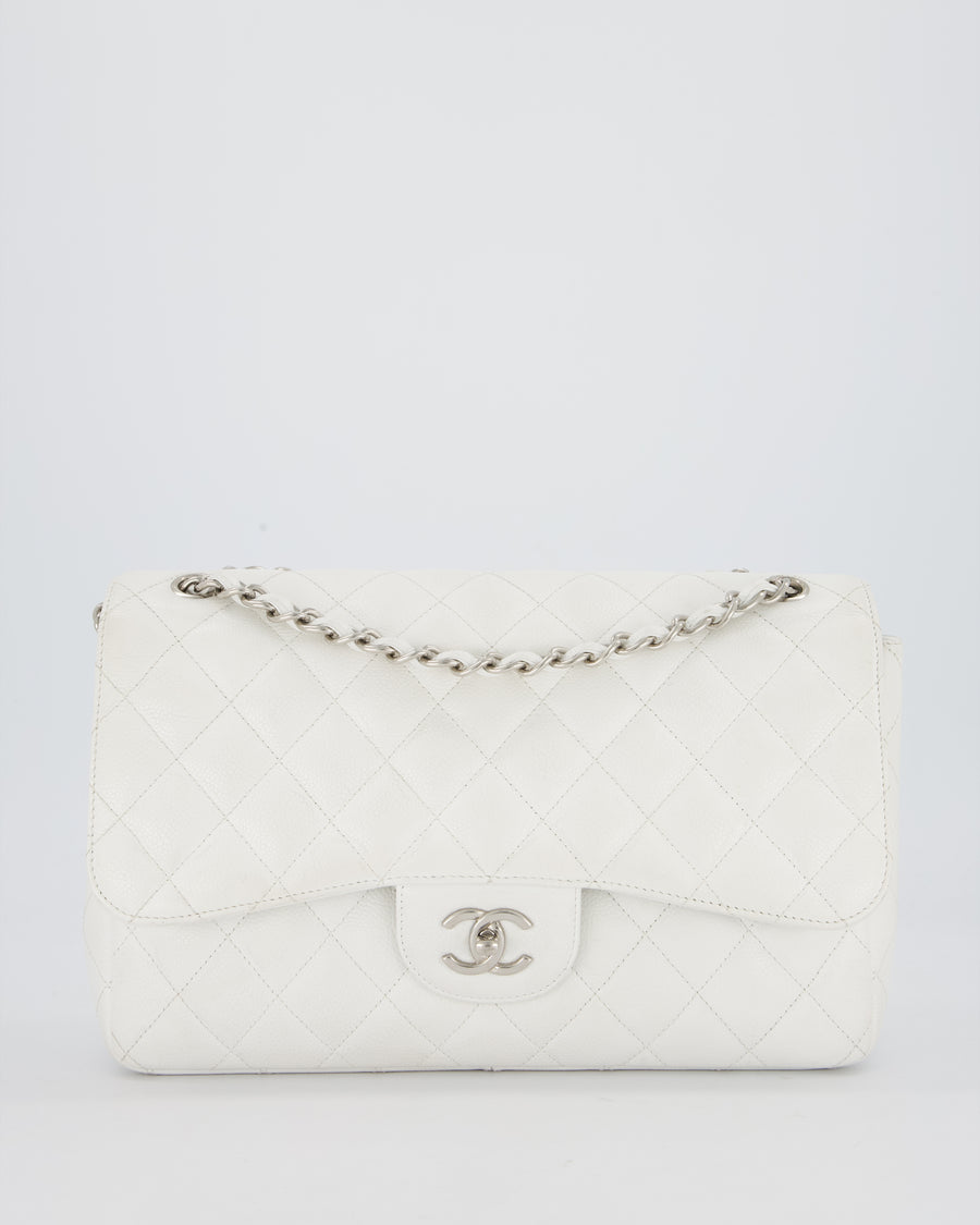 Chanel Jumbo Classic Double Flap Bag in White Caviar Leather with Silver Hardware