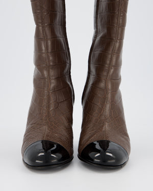 Chanel Brown Croc Embossed Leather Boots with Patent Detail Size EU 39