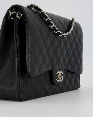Chanel Maxi Classic Double Flap Bag in Black Caviar Leather with Silver Hardware