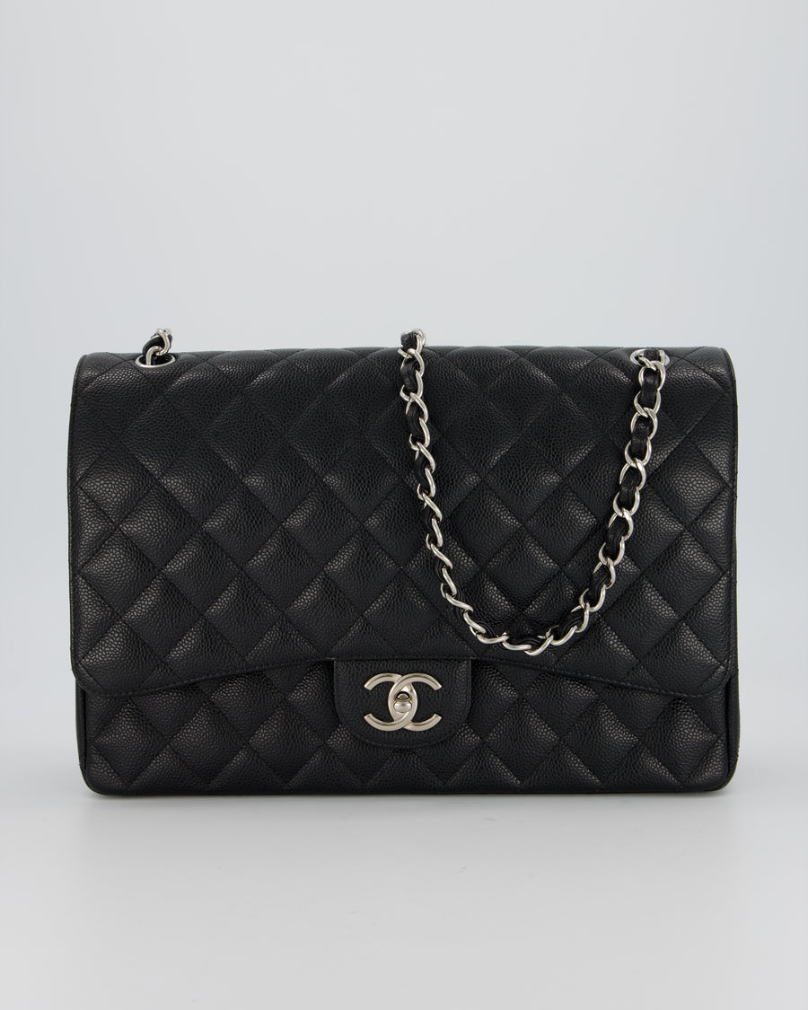 Chanel Maxi Classic Double Flap Bag in Black Caviar Leather with Silver Hardware