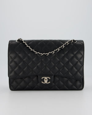 Chanel Maxi Classic Double Flap Bag in Black Caviar Leather with Silver Hardware