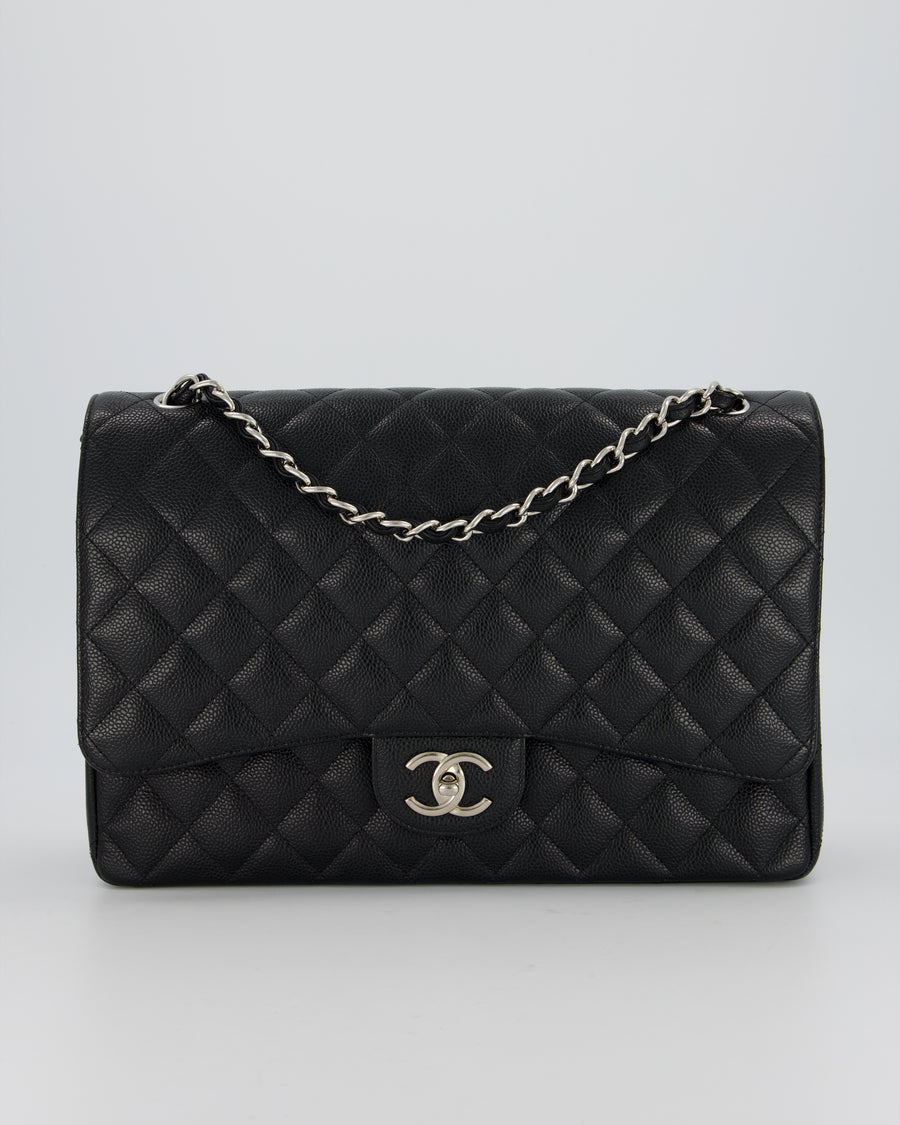 Chanel Maxi Classic Double Flap Bag in Black Caviar Leather with Silver Hardware