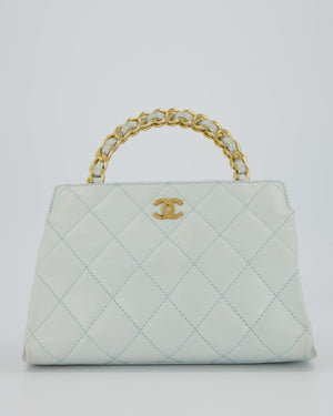 Chanel Baby Blue Quilted Top Handle Bag in Lambskin Leather With Gold Hardware
