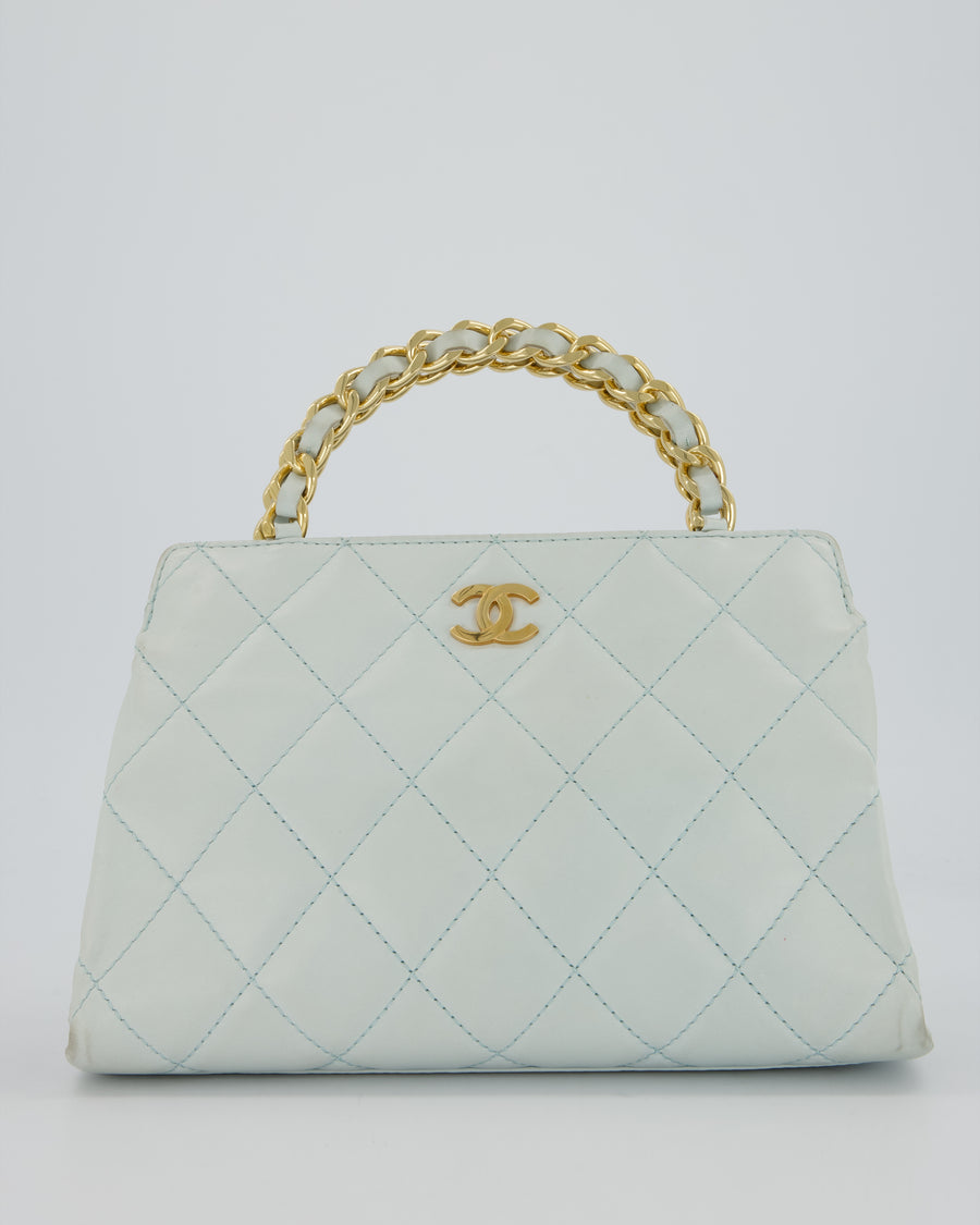 Chanel Baby Blue Quilted Top Handle Bag in Lambskin Leather With Gold Hardware