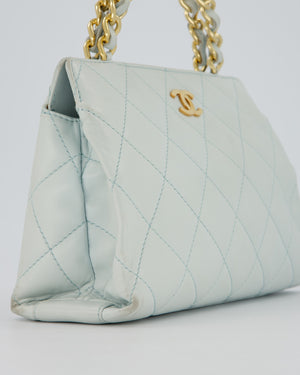 Chanel Baby Blue Quilted Top Handle Bag in Lambskin Leather With Gold Hardware