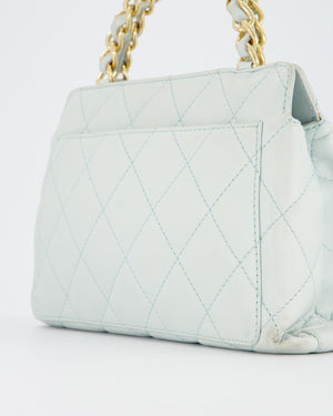 Chanel Baby Blue Quilted Top Handle Bag in Lambskin Leather With Gold Hardware
