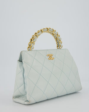 Chanel Baby Blue Quilted Top Handle Bag in Lambskin Leather With Gold Hardware