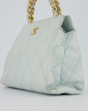 Chanel Baby Blue Quilted Top Handle Bag in Lambskin Leather With Gold Hardware