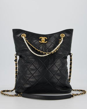 Chanel Black Quilted Fold Over Crossbody Tote Bag With Pearls Handles Details In Lambskin Leather and Gold Hardware